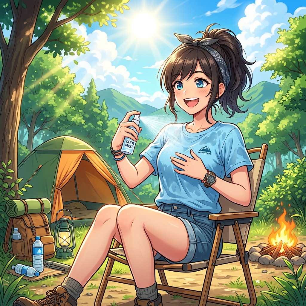 炎天下のアウトドアやキャンプで、冷感スプレーを服にシュッとかけて気持ちよさそうにしているイメージ