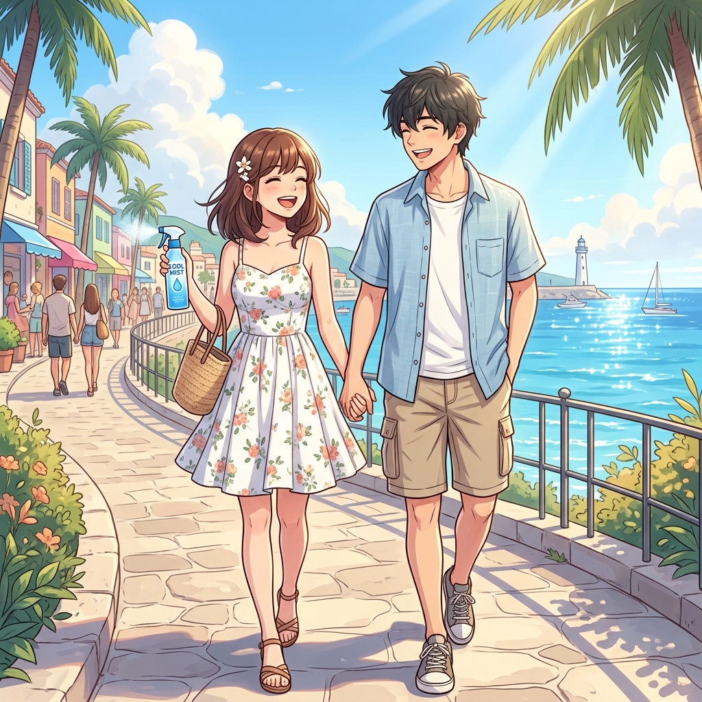 お気に入りのシャツシャワーを持って、涼しげに夏のお出かけを楽しんでいる男女のイメージ