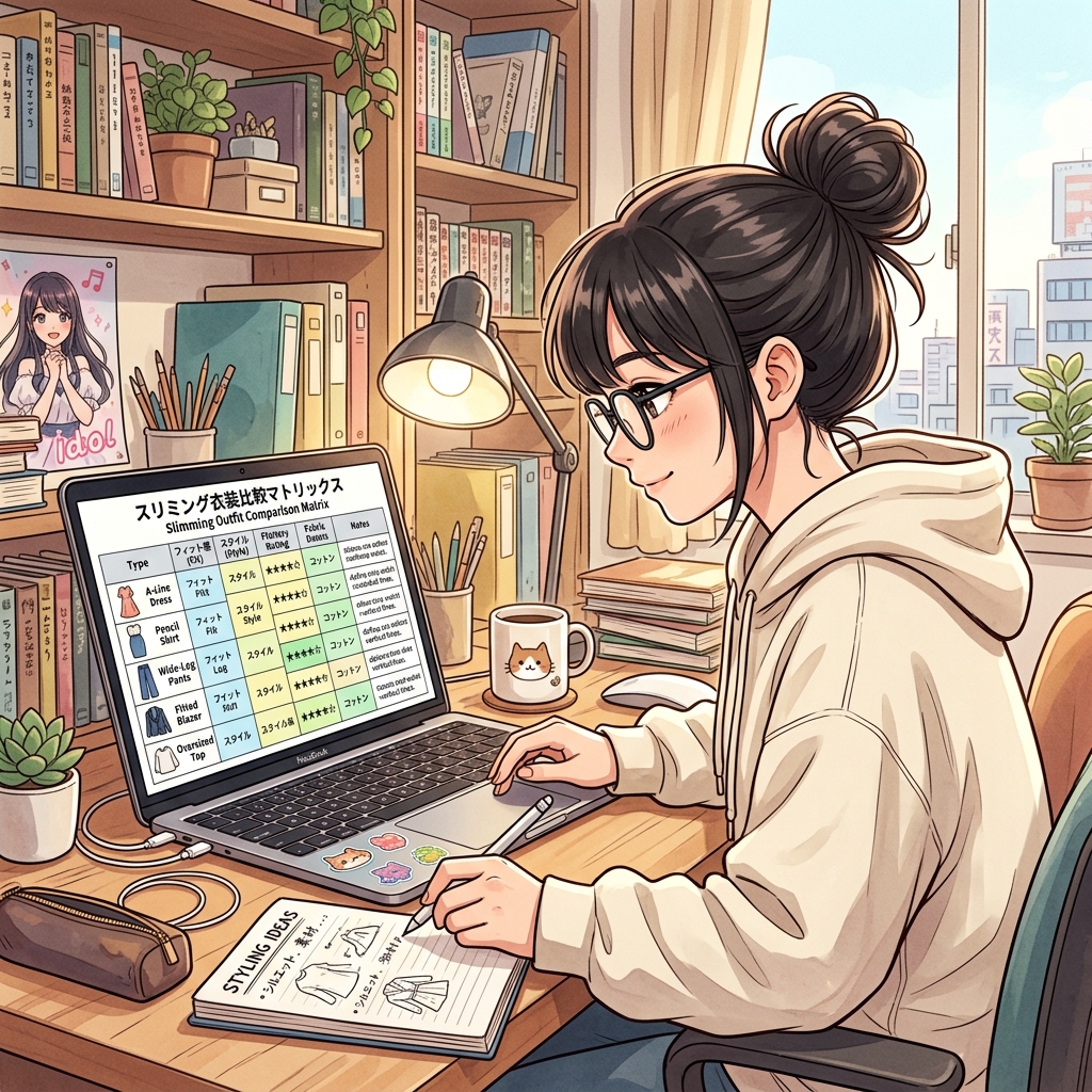 ノートパソコンでガッチリ体型向けの着痩せ比較表やコーデカタログをチェックしているイメージ