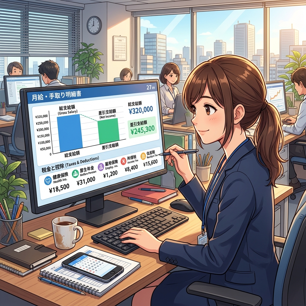 額面年収と手取り額の表やグラフがディスプレイに表示されているオフィスのイメージ