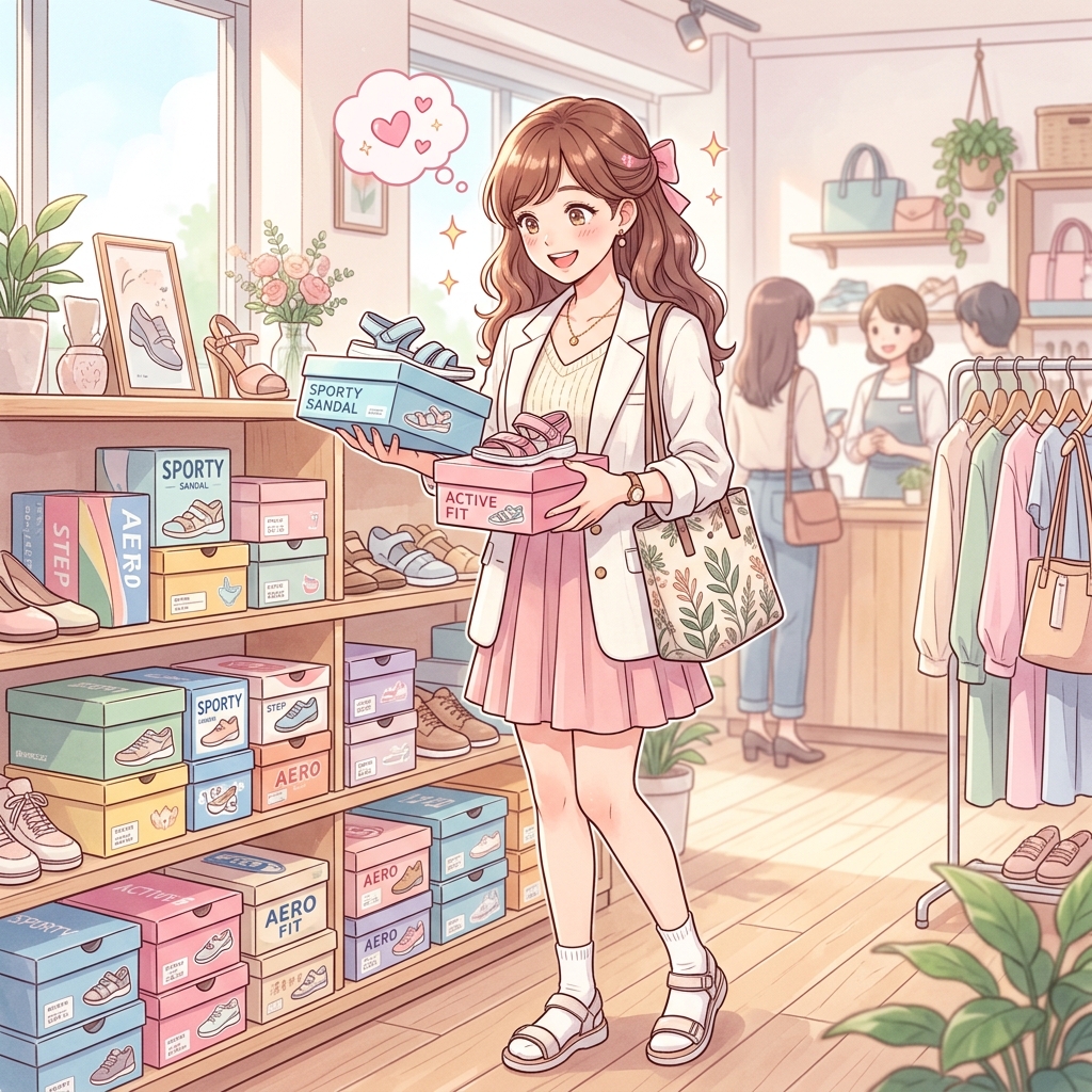 Tevaサンダルの箱や棚を見つめながら楽しそうに悩んでいる日本人女性のイメージ