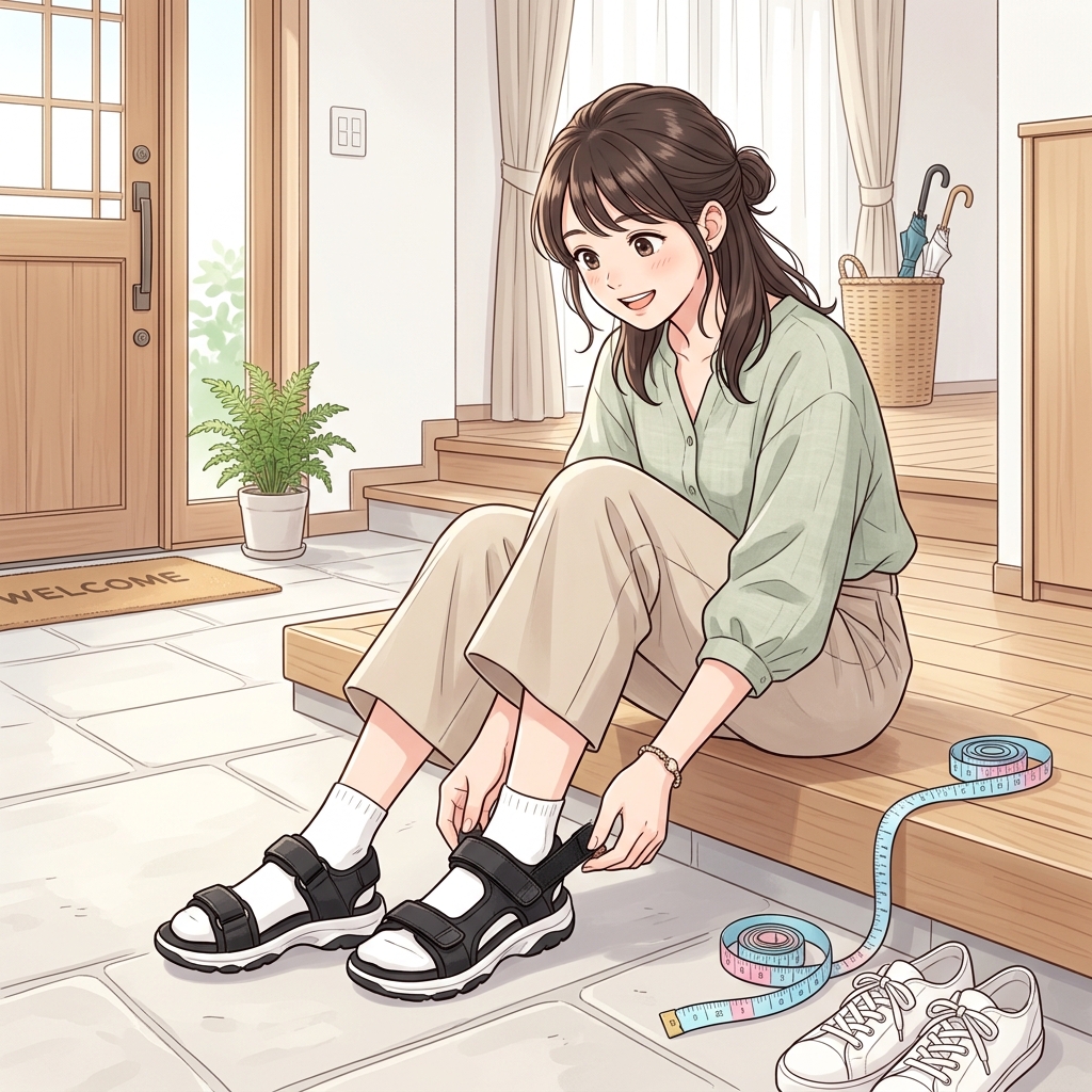 玄関のステップに座りながらサンダルのストラップを調整している女性のイメージ