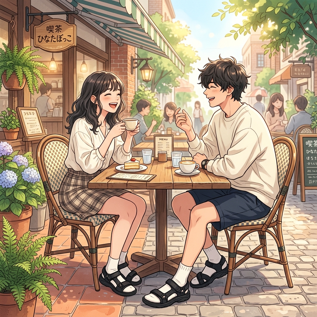 カフェのテラス席でTevaサンダルを履いて笑顔で話している日本人男女のイメージ