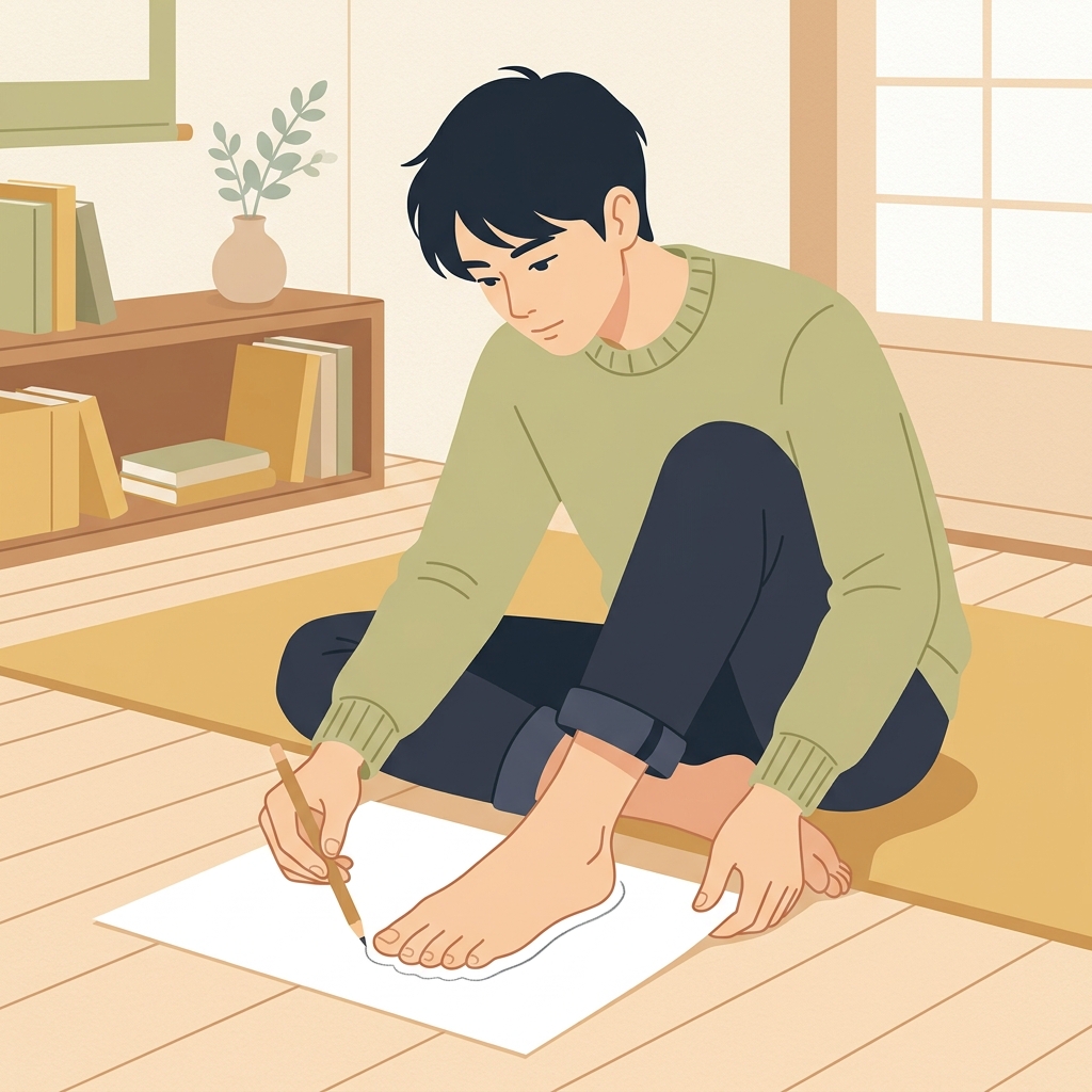 床の上の紙に足を乗せて鉛筆で足の実寸を正確に測っている日本人男性のイメージ