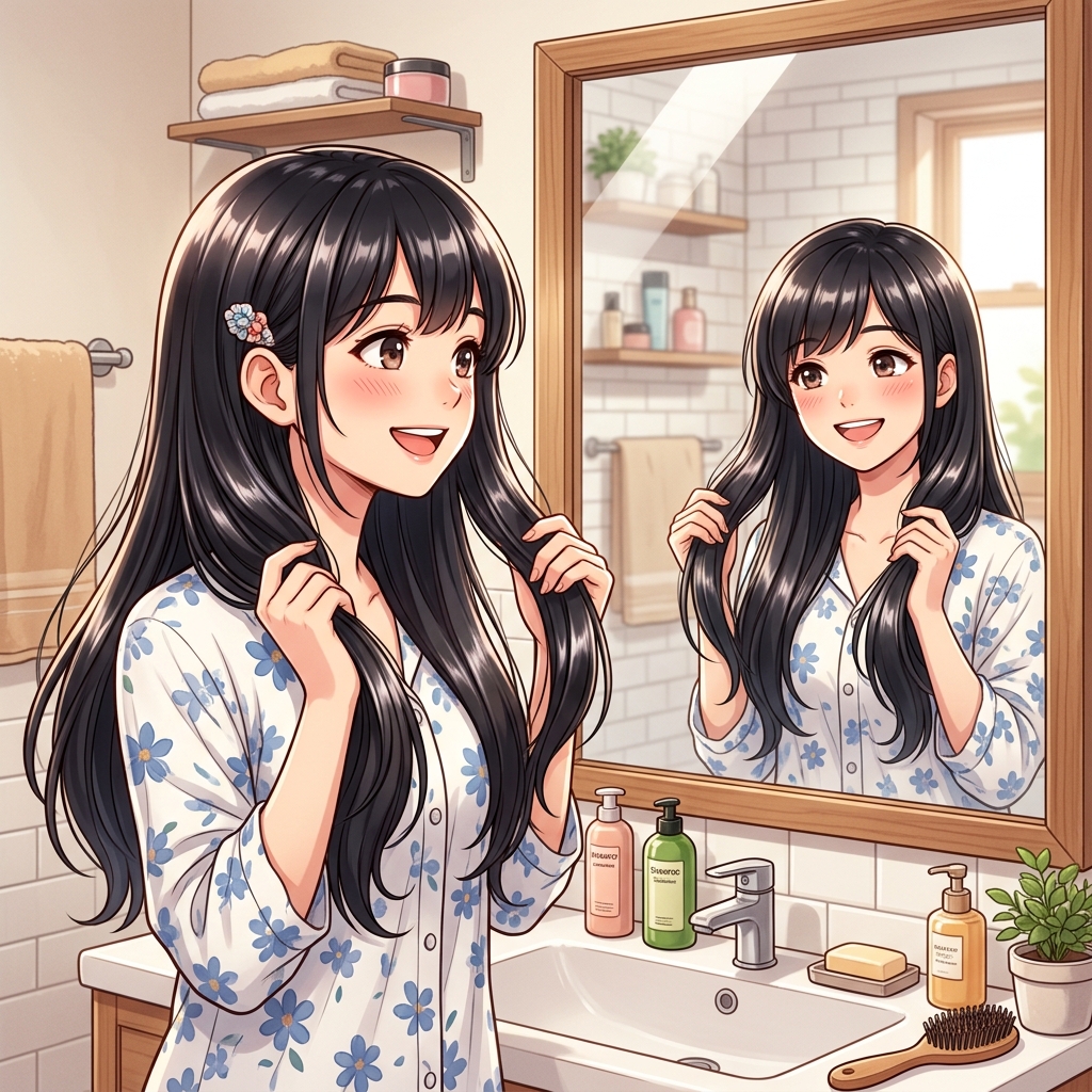鏡の前でツヤツヤの髪に笑顔を見せる女性のイメージ