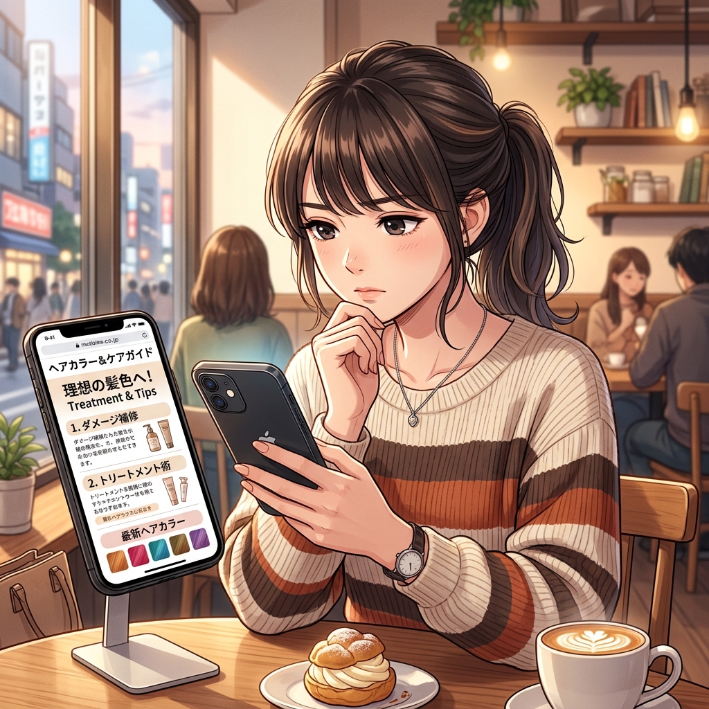 白髪染めの染まり具合や使い方をチェックして考え込んでいるイメージ