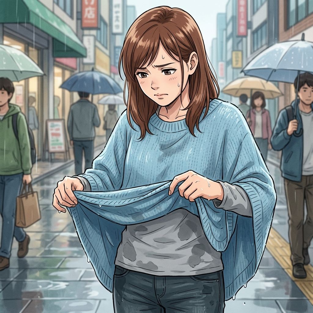 ポンチョの水分で服が湿るか心配そうに生地をチェックしている女性のイメージ