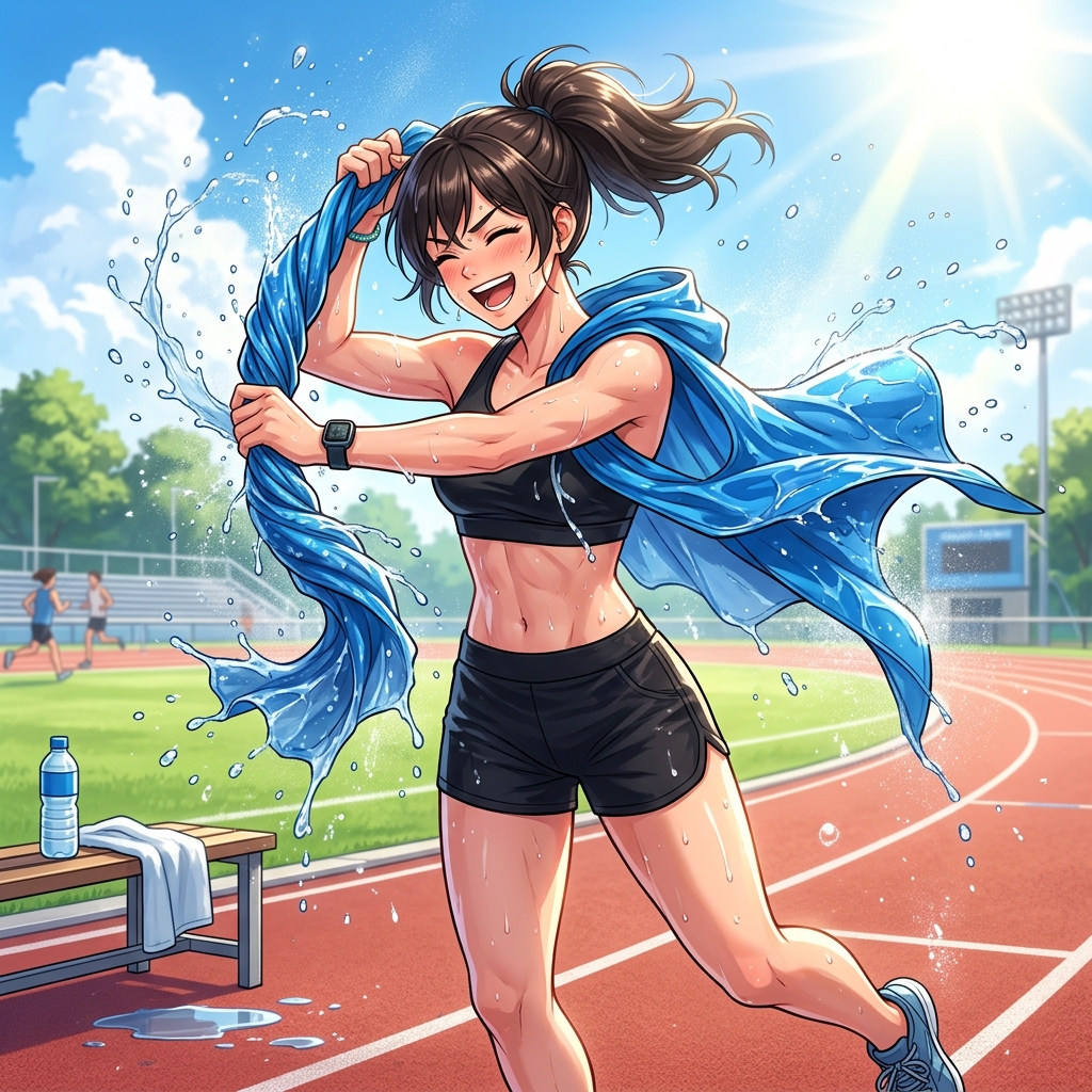 ポンチョを濡らして力強く振っているスポーティな男性のイメージ