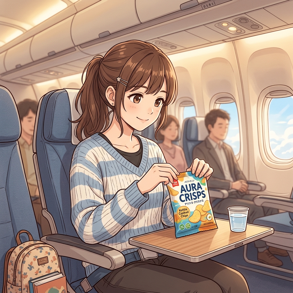 客室内でお菓子を手に取って静かに準備する搭乗客のイメージ