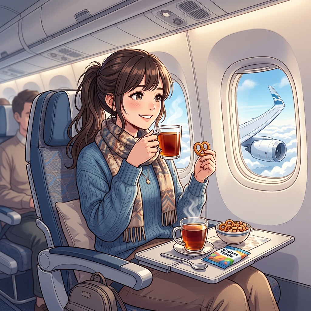 機内の折りたたみテーブルでお飲み物やお菓子を楽しむイメージ