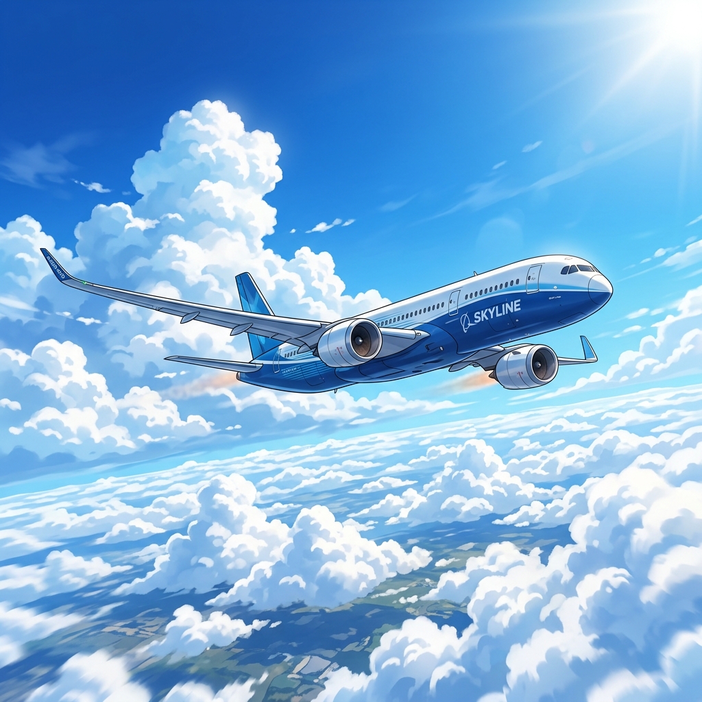 青空と雲の上を快適に飛ぶ飛行機の外観イメージ