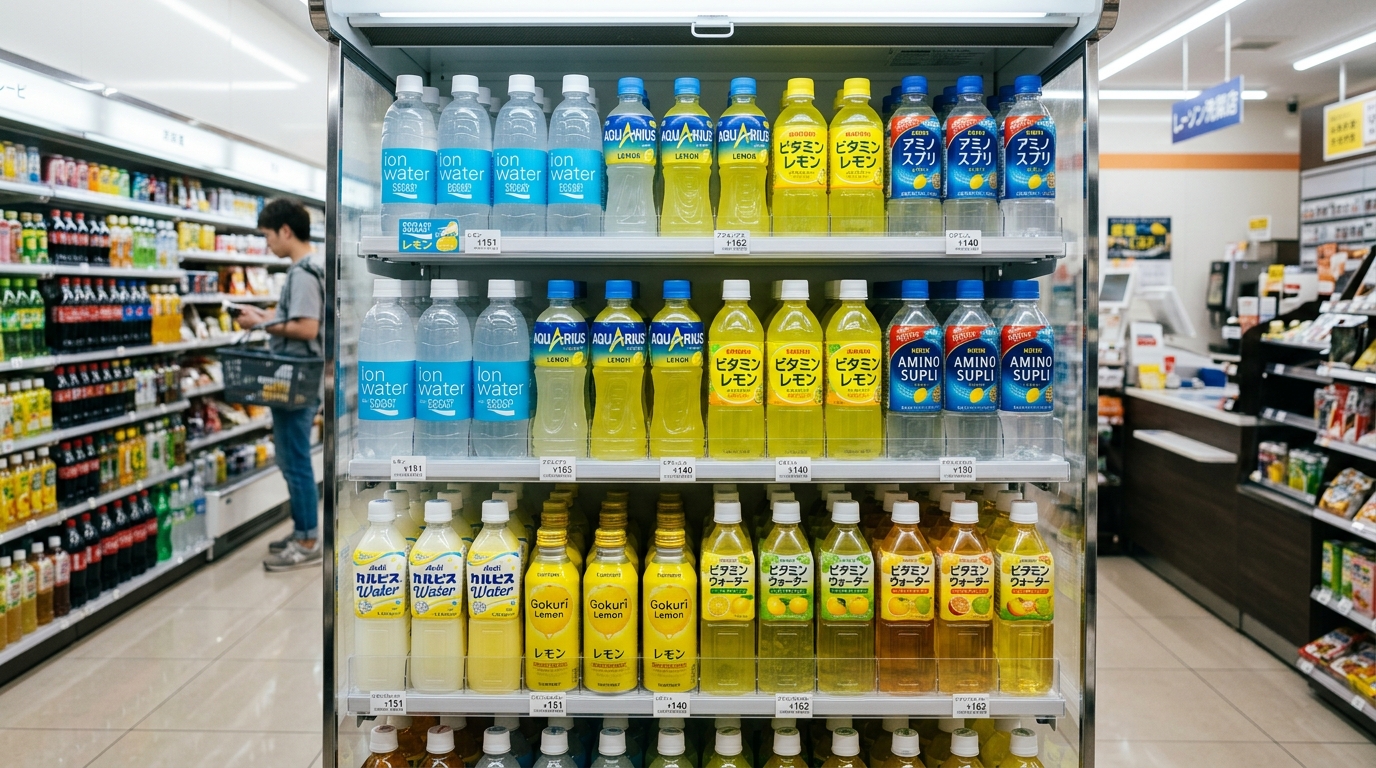 店舗の飲料コーナーに並ぶスポーツドリンクのイメージ