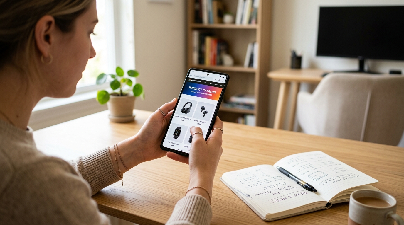 スマートフォンで公式製品情報を確認する様子