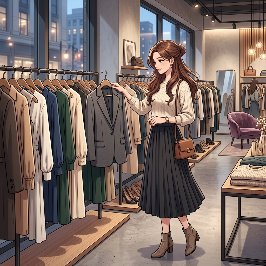 高級感のあるアパレルショップで美しい洋服を選ぶ女性のイメージ