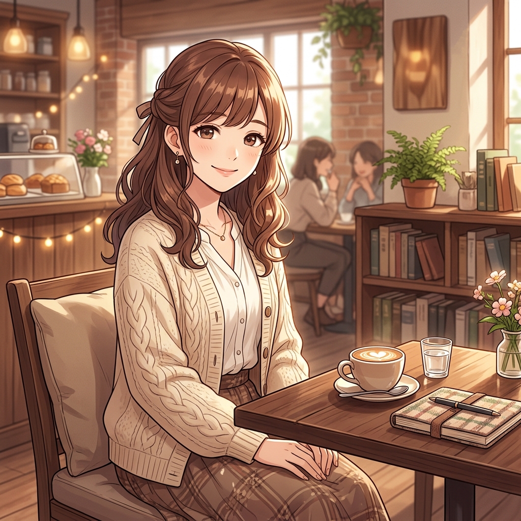 カフェで落ち着いた大人のコーディネートを楽しんでリラックスする女性のイメージ