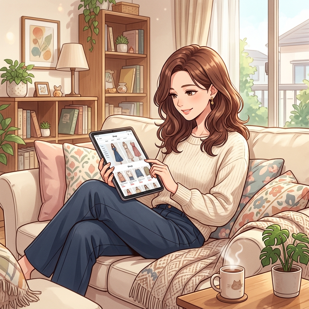 自宅のソファでリラックスしながらタブレットでファッション通販を楽しむ女性のイメージ