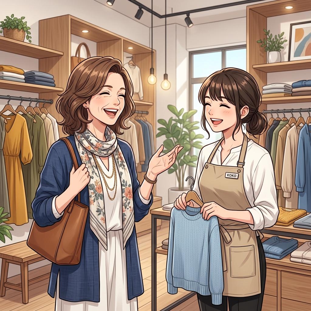 アパレルショップで店員と笑顔で会話しながら服を選ぶ女性のイメージ