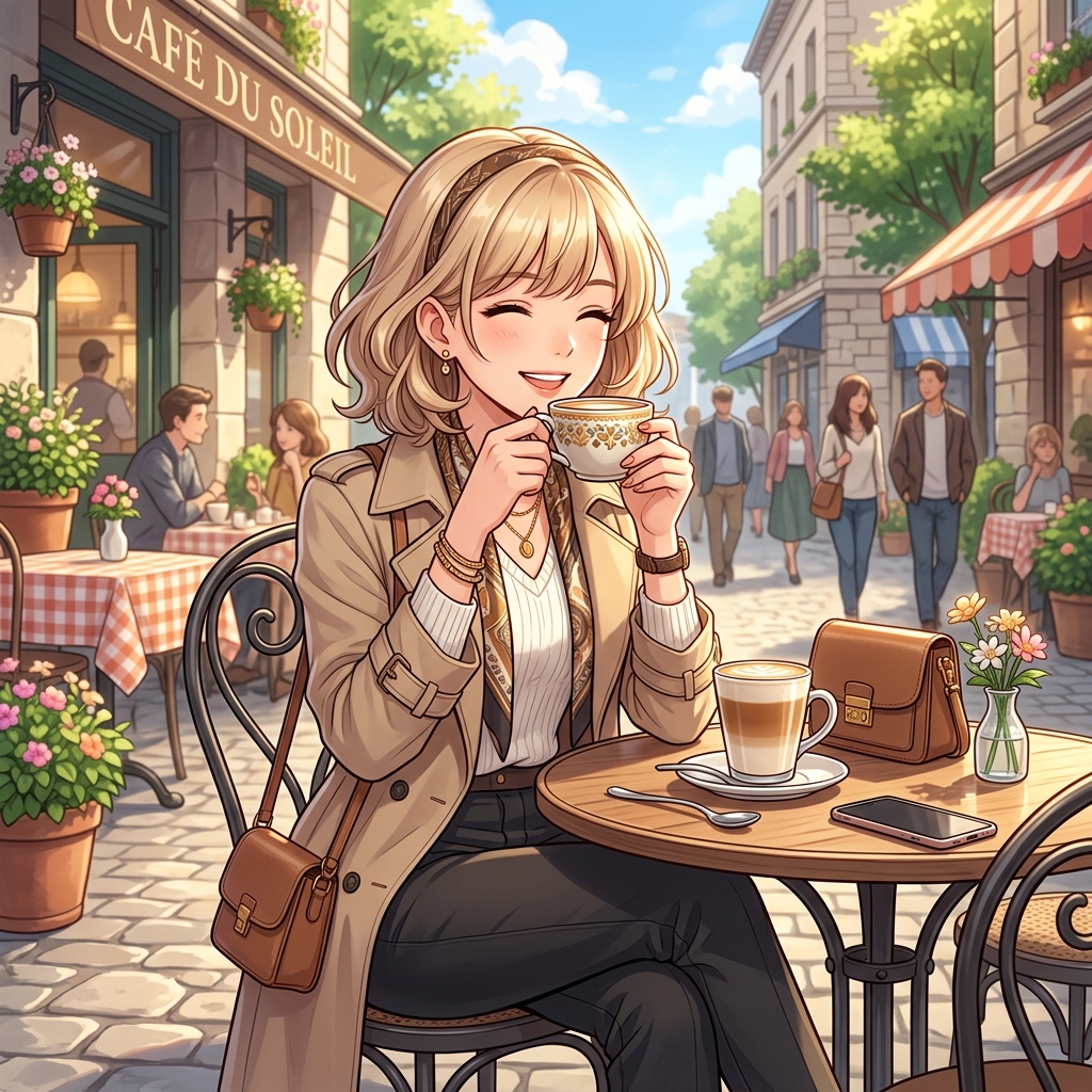 日当たりの良いカフェテラスで素敵なファッションを楽しんでリラックスする女性のイメージ