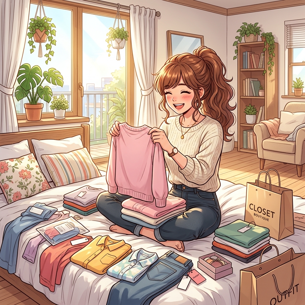 日差しが差し込む部屋で新しく買った服を嬉しそうに並べてコーディネートを楽しむ女性のイメージ