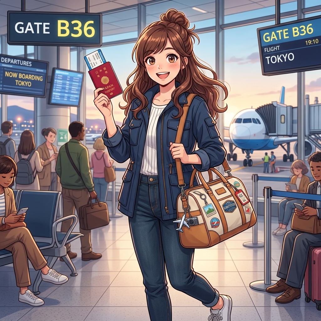 空港の搭乗ゲート付近でパスポートとお気に入りのリュックを持ちワクワク顔で待つ旅行客のイメージ