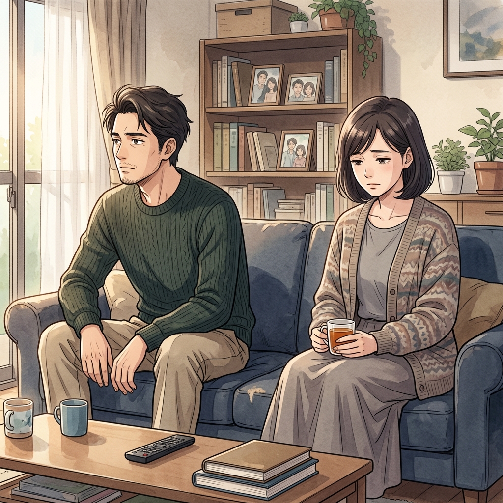 リビングのソファで少し距離を置いて静かに物思いに耽る40代夫婦のイメージ