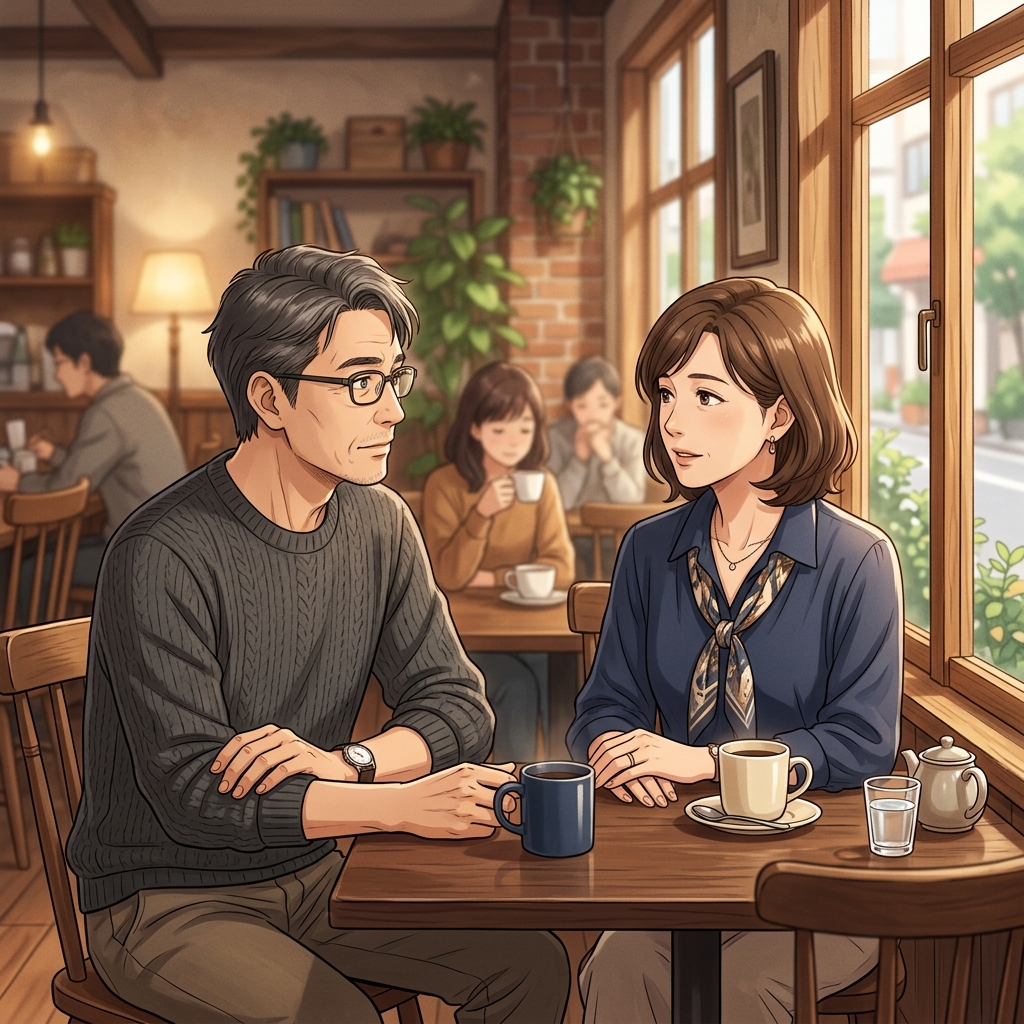 カフェのテーブルで今後の生き方について落ち着いて対話する40代のイメージ