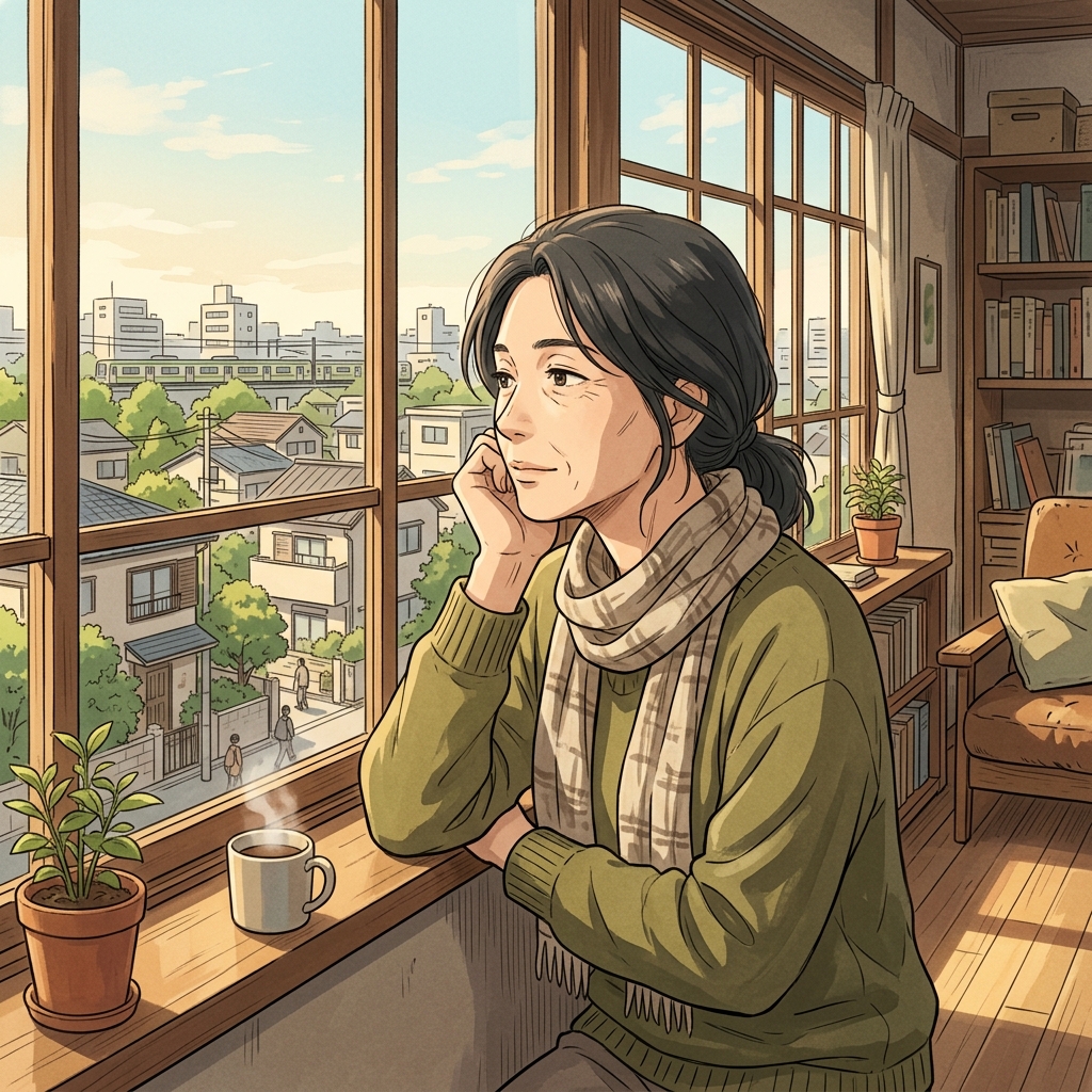 日差しが差し込む窓辺で一人静かに自分の人生を思い描く40代女性のイメージ