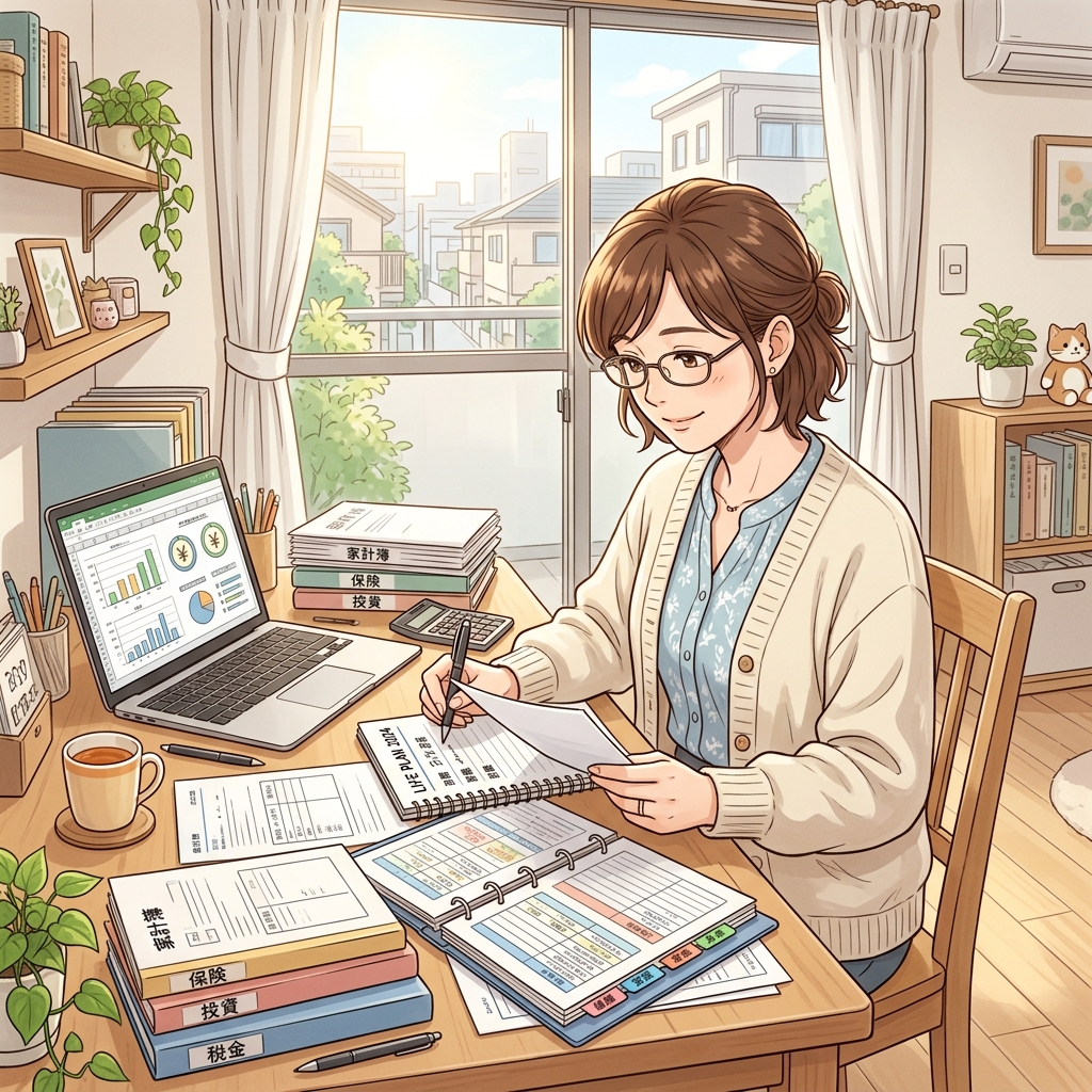 明るい部屋で今後の住まいや資産計画を整理する40代女性のイメージ
