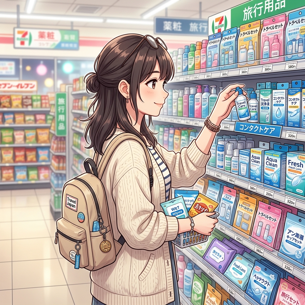 コンビニやドラッグストアの店頭で旅行用コンタクトケア用品を選ぶイメージ
