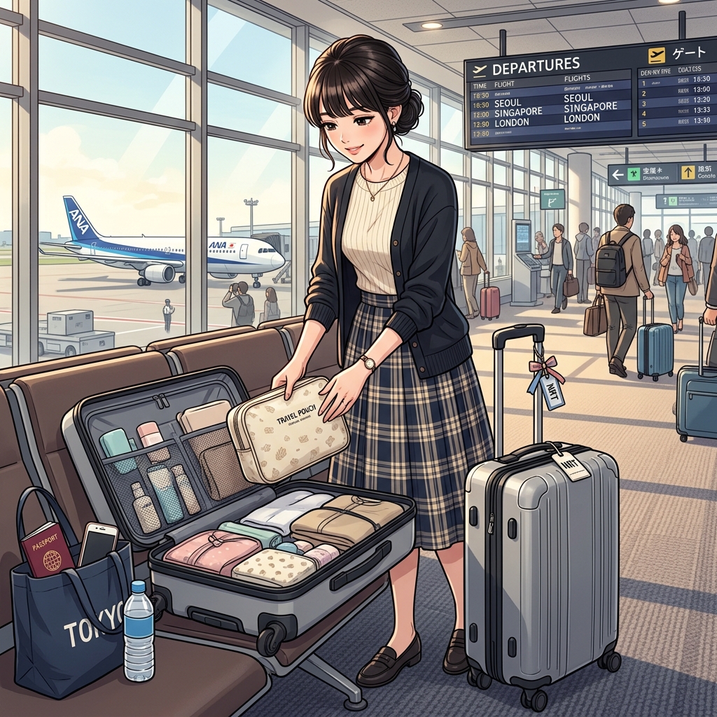 空港で透明なポーチに機内持ち込み用のミニボトルを収納して手荷物を整える女性のイメージ