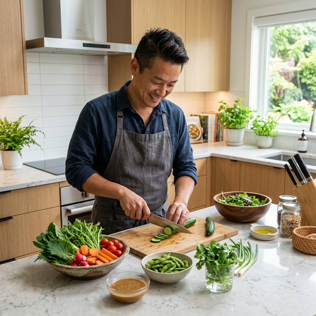 キッチンで新鮮な野菜やヘルシー食材を調理準備する40代男性のイメージ