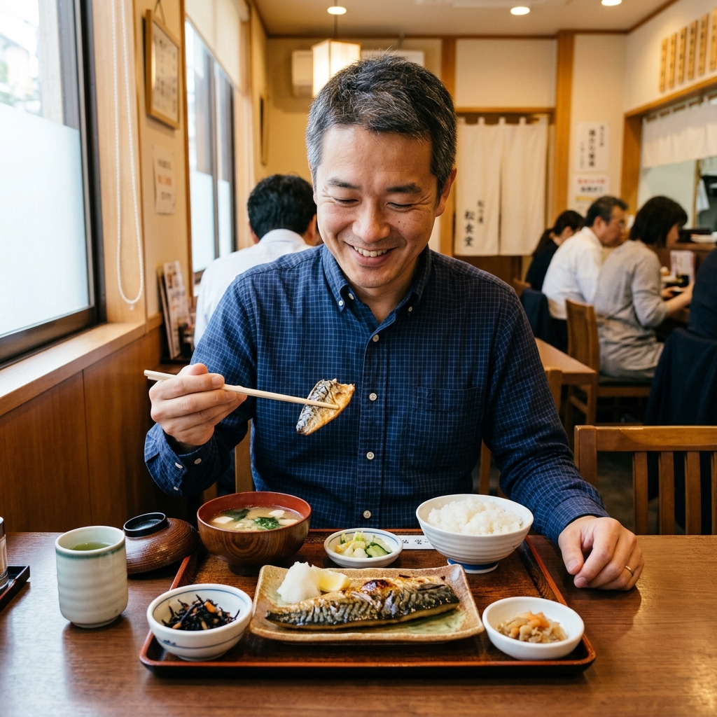 和食店で焼き魚や味噌汁の健康的な定食を味わう40代男性のイメージ