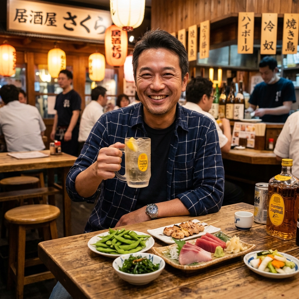居酒屋でハイボールと太りにくいおつまみを健康的に楽しむ40代男性のイメージ