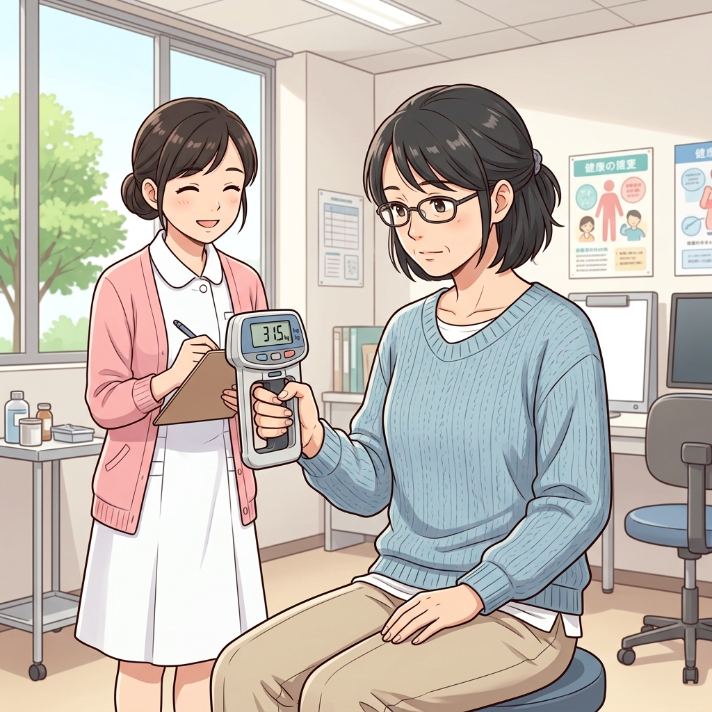定期健診やクリニックでデジタル握力計を使って握力をチェックする40代のイメージ