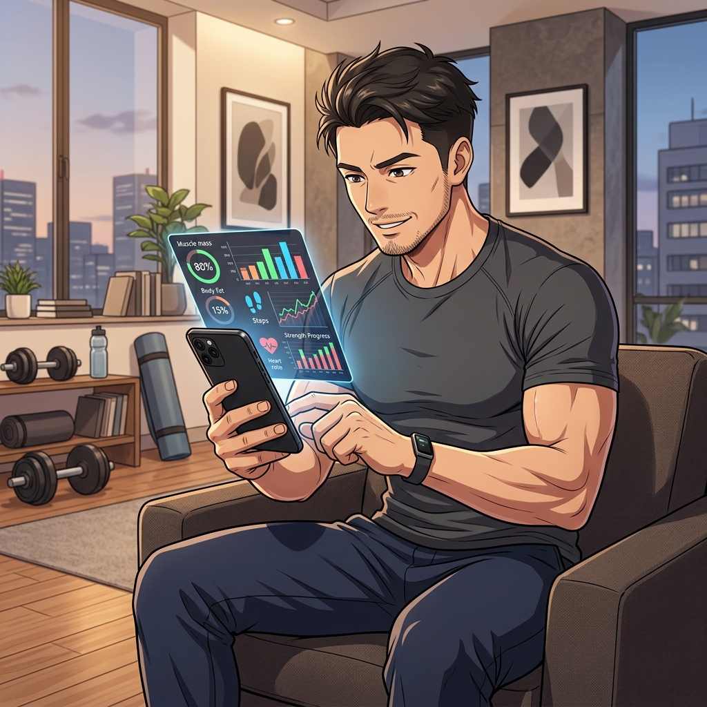 スマートフォンで筋肉量やフィットネスデータをチェックする40代のイメージ