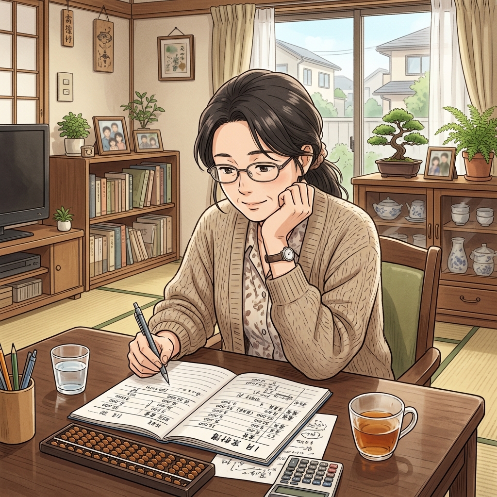 リビングのテーブルで家計簿や将来の教育費ノートを前に深く考える40代女性のイメージ