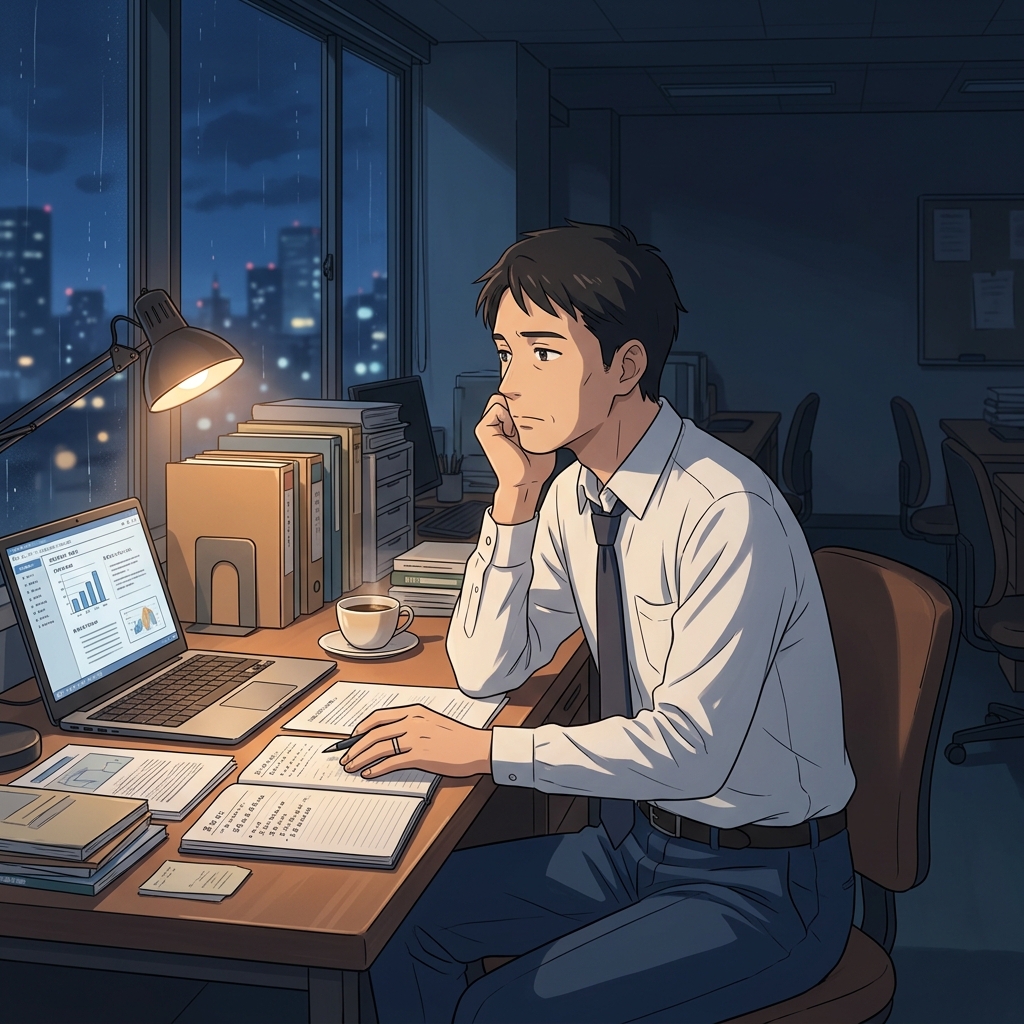 夜遅くのオフィスでPCに向かい自分の将来やキャリアに悩む40代男性のイメージ