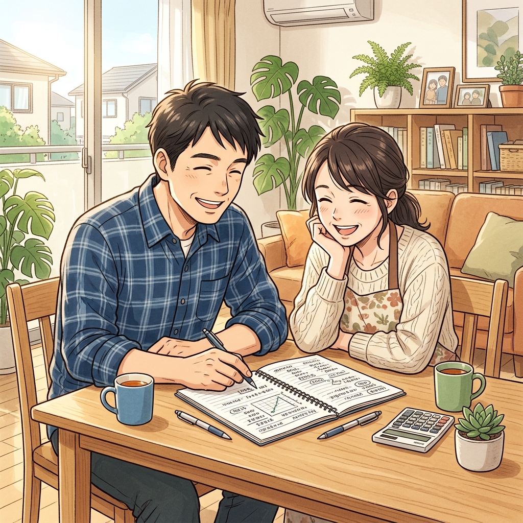 明るいリビングで夫婦が一緒にノートを開き家計再構築に向け前向きに話し合うイメージ