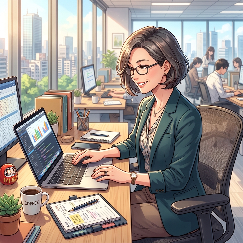 明るいオフィスで自信を持って働く40代女性のイメージ