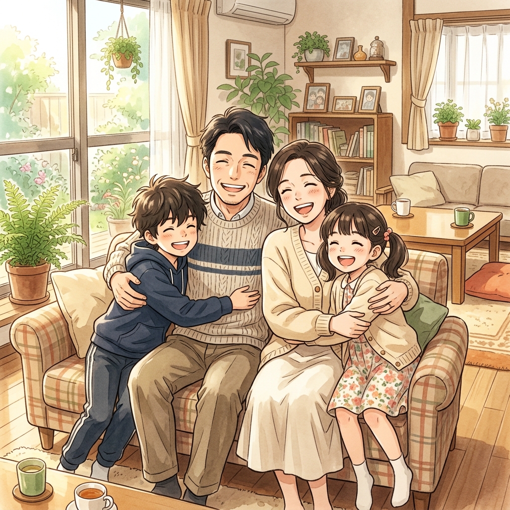 日差しが差し込むリビングで笑顔で並び家族の安心と絆を実感するイメージ