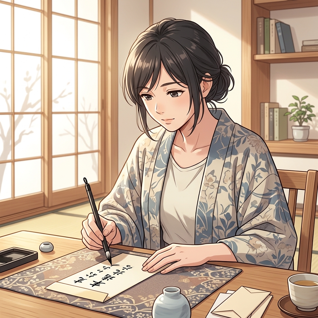 筆ペンを使ってのし袋の表書きを丁寧に書く様子