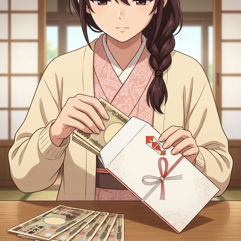 中袋にお札を丁寧に向きを揃えて納める手元のイメージ