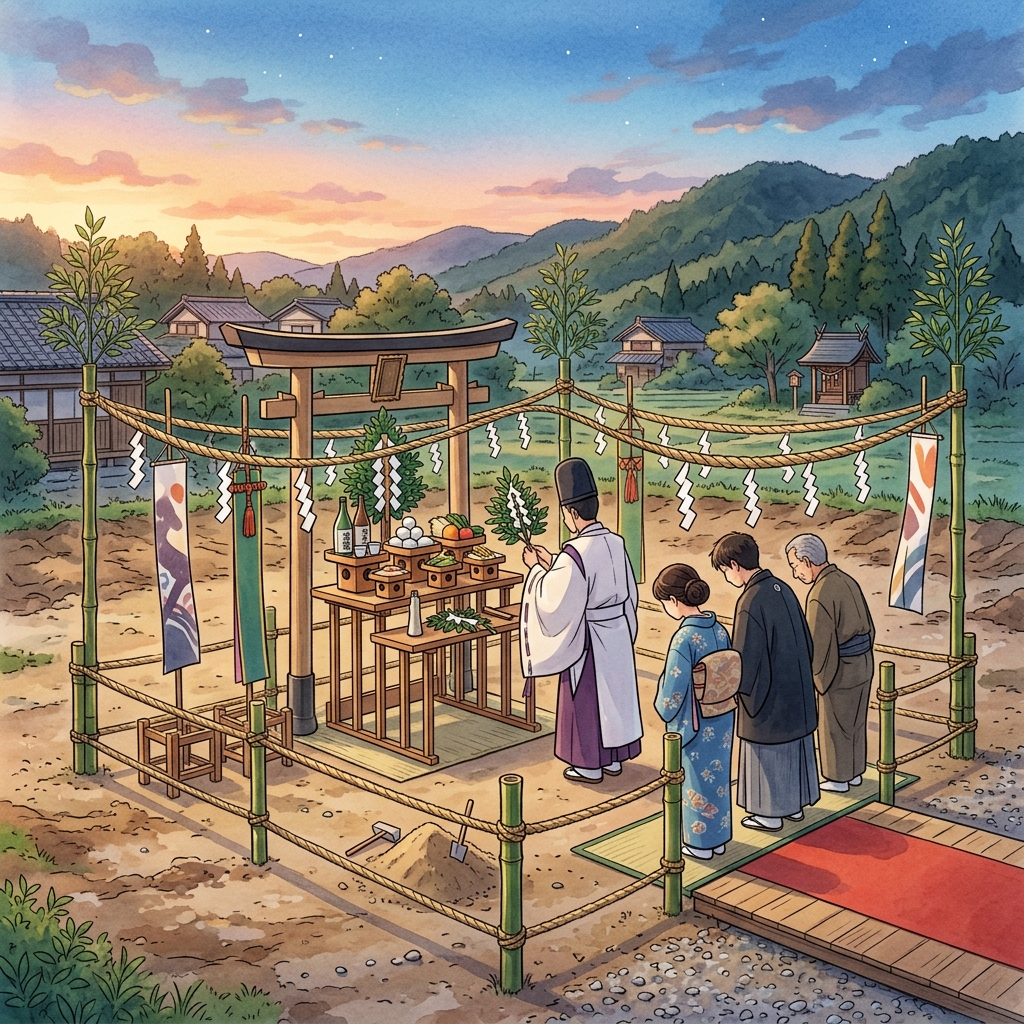青空の下で整えられた地鎮祭会場の清々しい風景