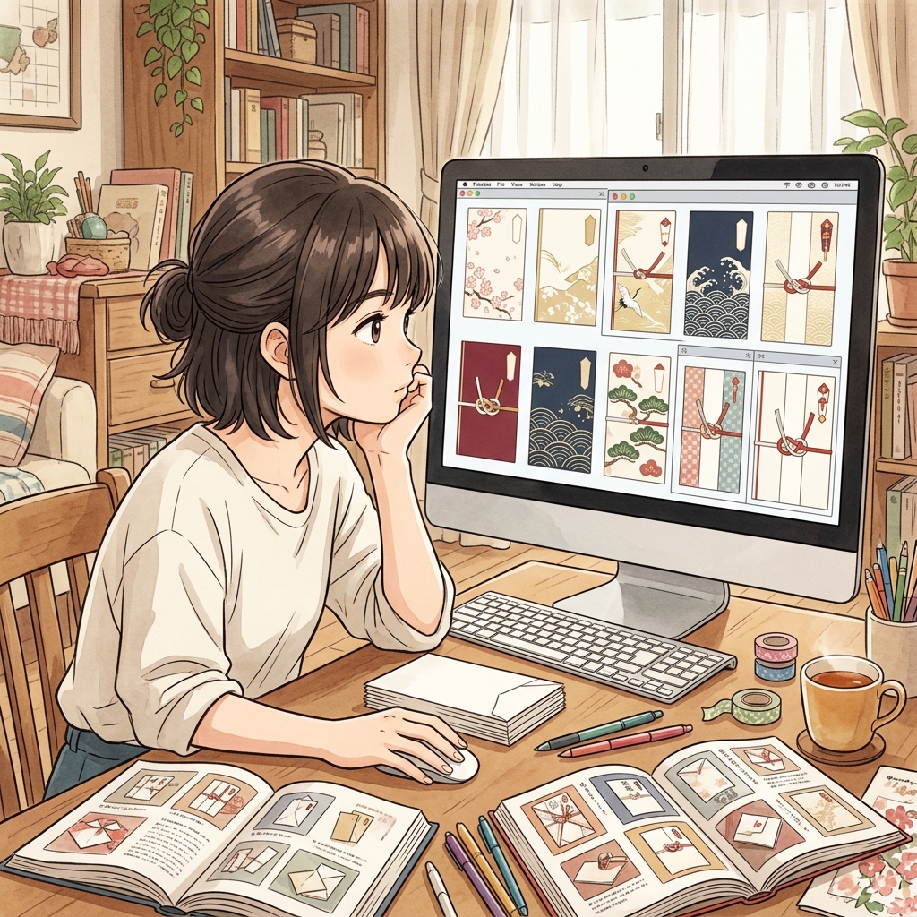 書斎でパソコン画面に向かいのし袋の印刷デザインを熱心に調べる女性のイメージ