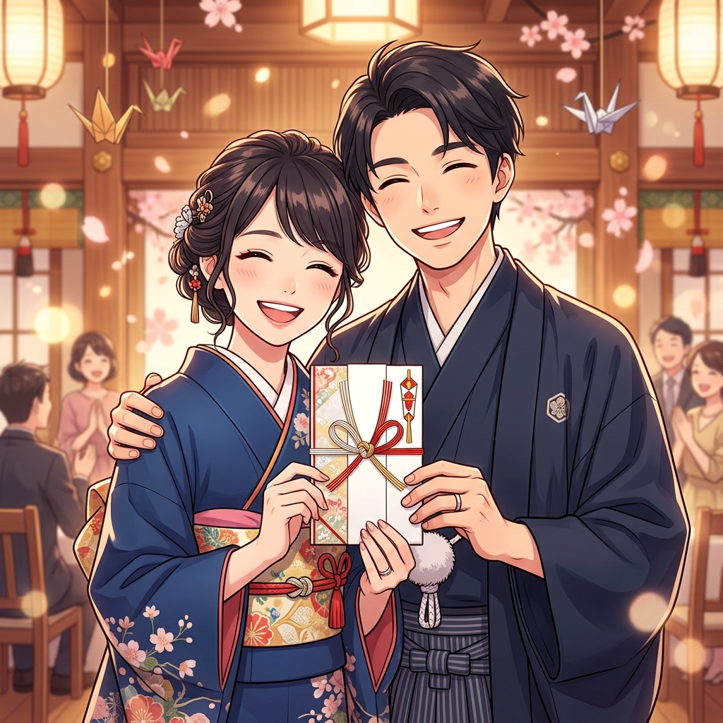印字された綺麗なお祝い封筒を手にして笑顔で見つめる夫婦のイメージ