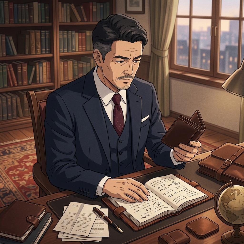 書斎で上質なレザーアイテムを手にして自分のお金の使い方や投資計画を熟考する40代男性のイメージ