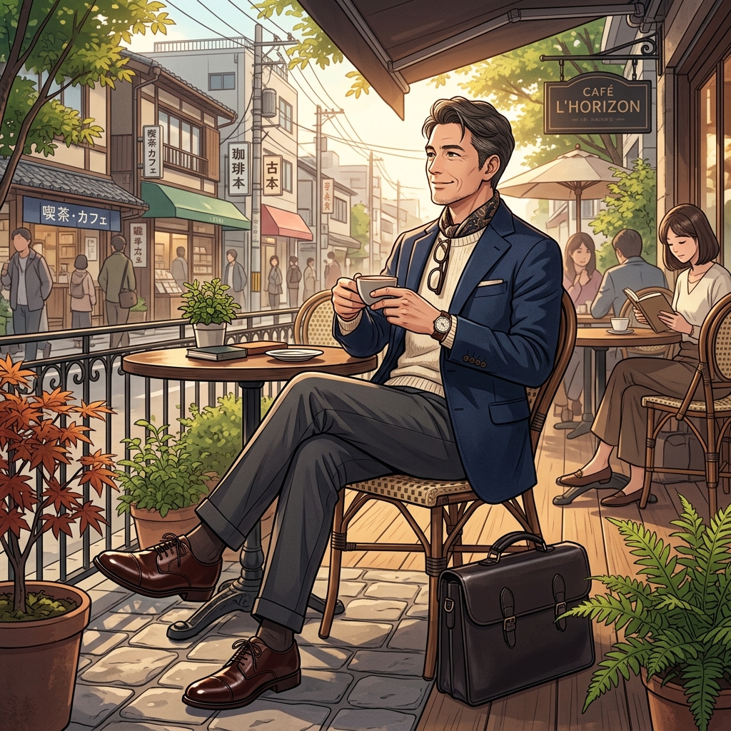 上質なジャケットを羽織り落ち着いたカフェテラスでコーヒーを楽しむ大人の男性イメージ
