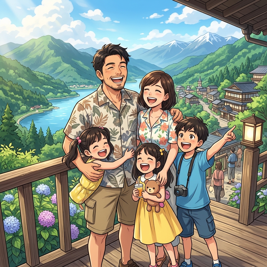 家族と一緒に素敵な旅行先でかけがえのない時間を過ごす40代男性のイメージ