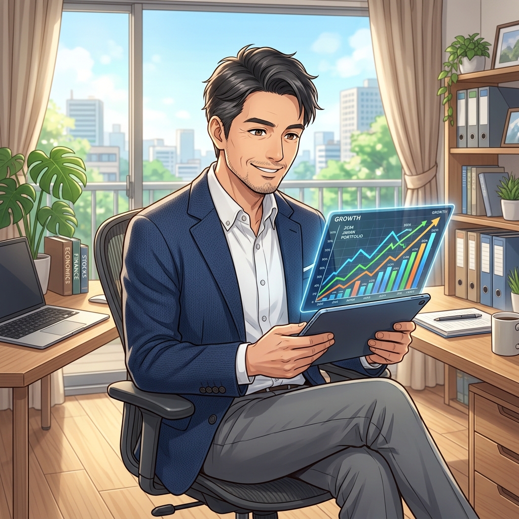 タブレットで資産運用の成長グラフを確認し未来への確信を持つ40代男性のイメージ