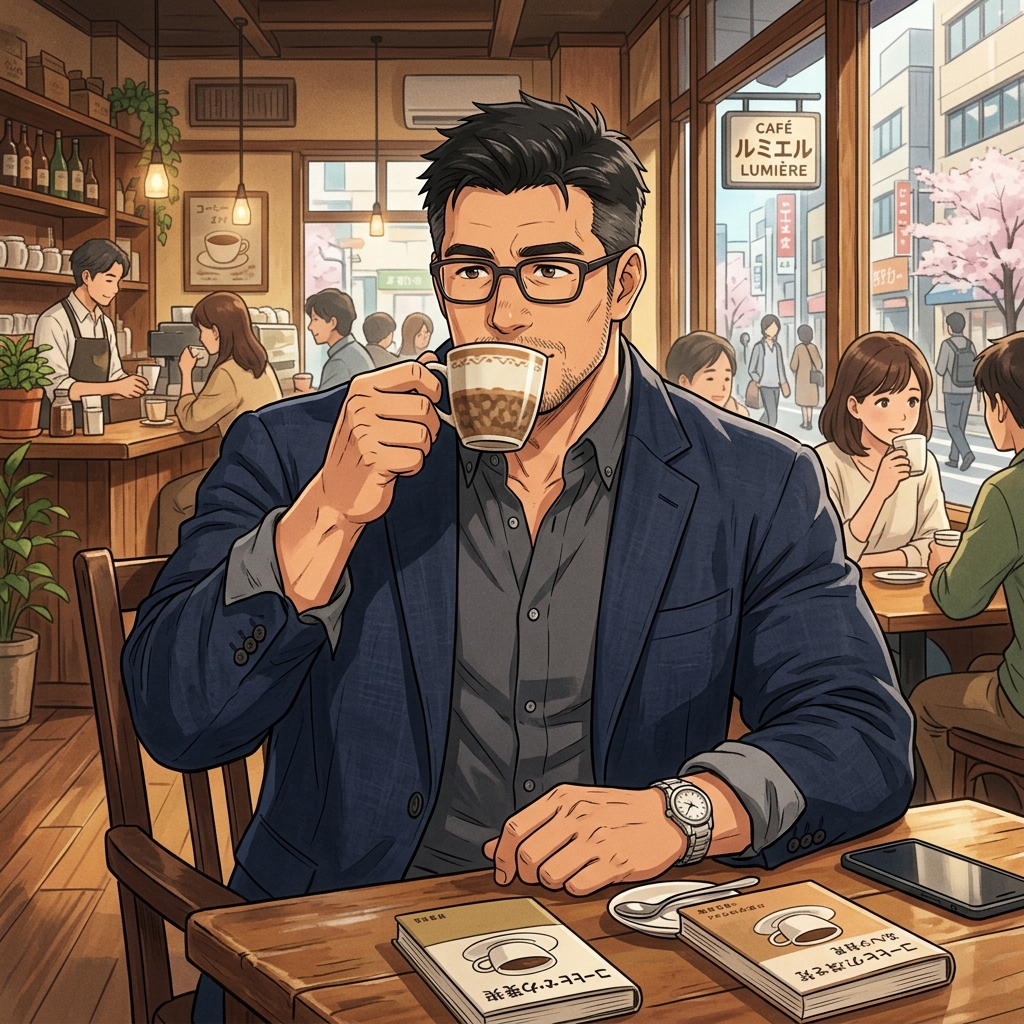 落ち着いたカフェでノートパソコンに向かい自己研鑽に励む40代男性のイメージ